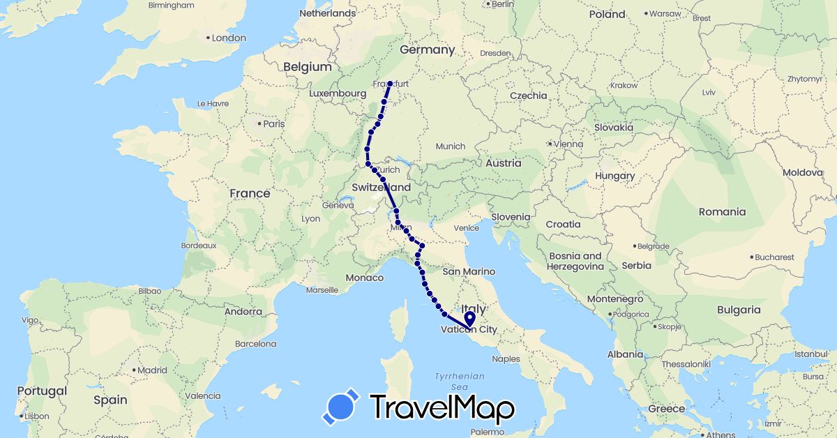 TravelMap itinerary: driving in Switzerland, Germany, France, Italy (Europe)