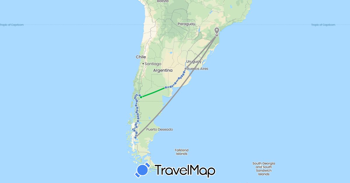 TravelMap itinerary: driving, bus, plane, cycling in Argentina, Brazil, Chile (South America)