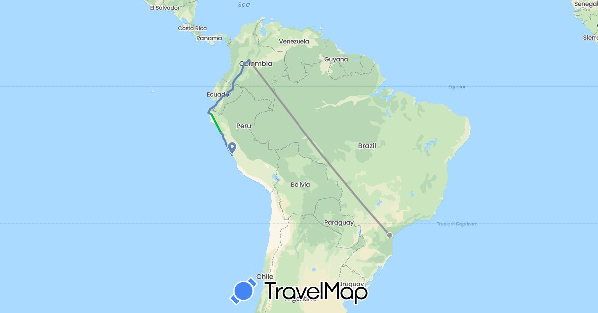 TravelMap itinerary: driving, bus, plane, cycling in Brazil, Colombia, Ecuador, Peru (South America)