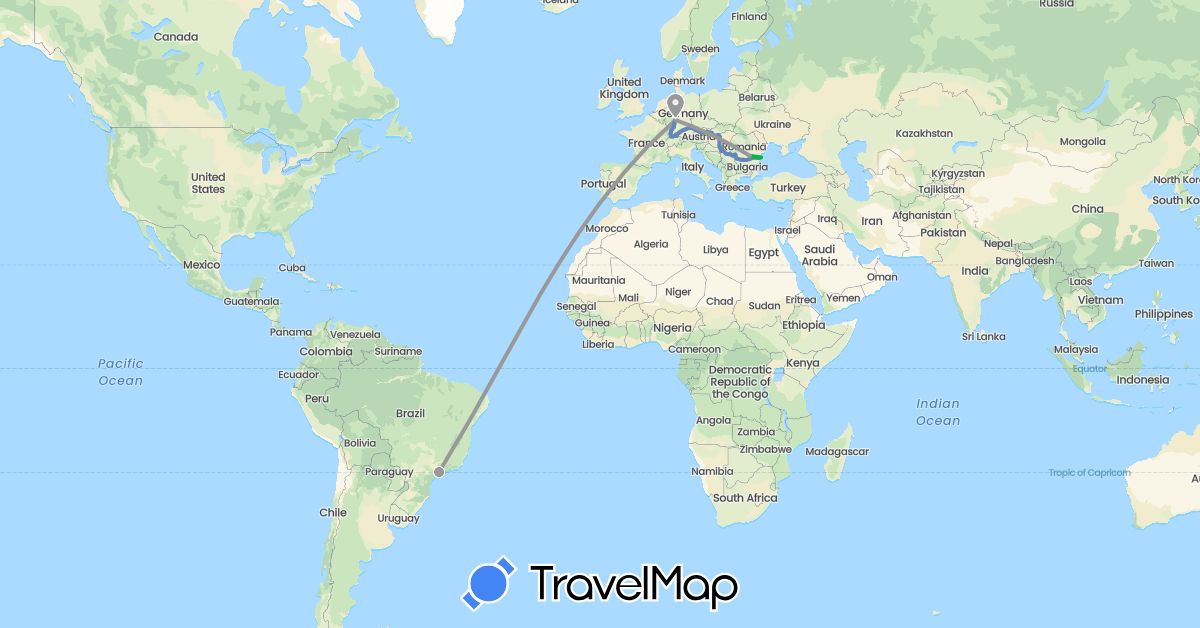 TravelMap itinerary: driving, bus, plane, cycling in Albania, Austria, Brazil, Switzerland, Germany, France, Hungary, Romania, Serbia, Slovakia (Europe, South America)